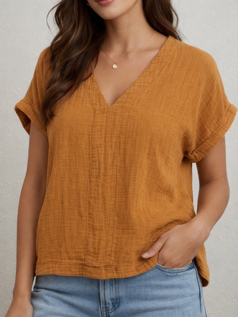 Universal Thread Mustard V‑Neck Blouse • Lightweight Boho Top • Size XS